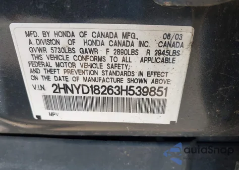 2003 Acura Mdx из США, поврежденный, VIN 2HNYD18263H539851